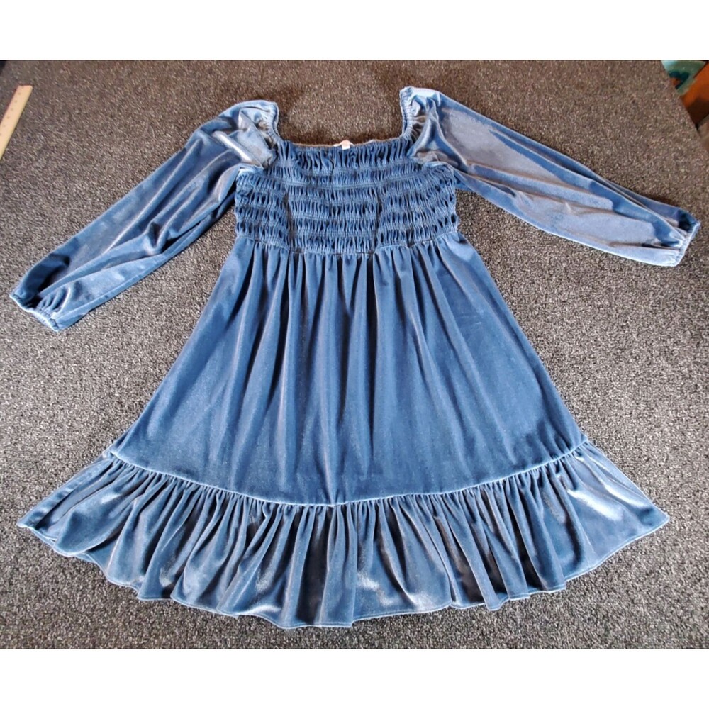 LC Lauren Conrad Dress Velvet Dress XL Blue Smocked Long Balloon Sleeve